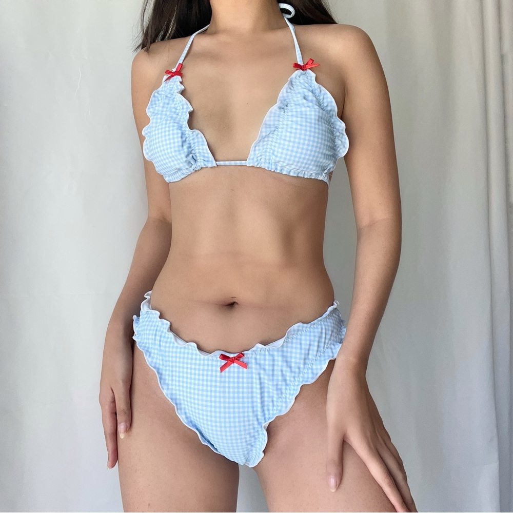 Blue Checkered Ruffle Bikini - Picture 3 of 4